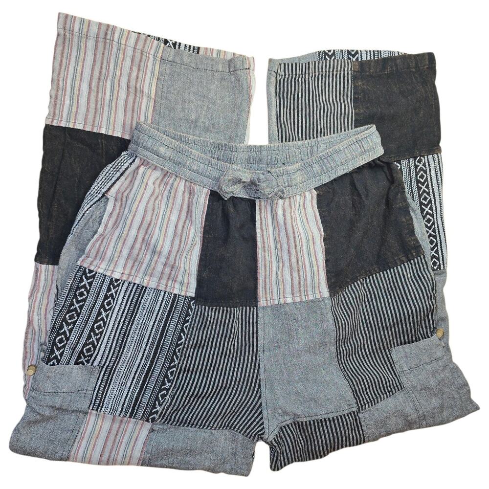 Boho Grey Black Patchwork Pants 100% Cotton Rising International Womens Size L